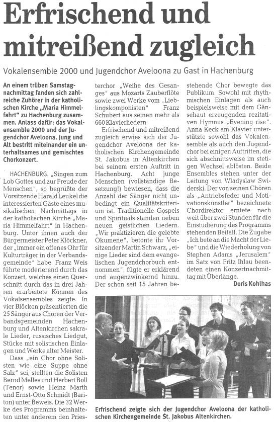 Zeitungsartikel der RZ: Auftritt mit Vokalensemble 2000 in Hachenburg